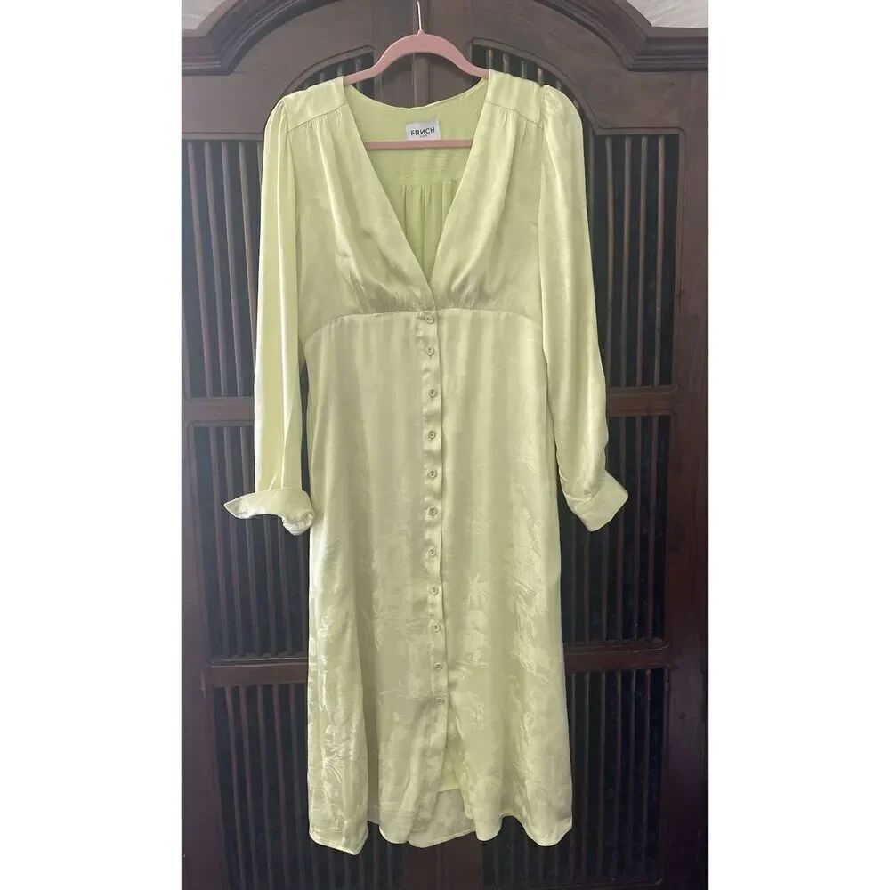 Frnch Paris Lime Green Satin Midi Dress Size L Long Sleeve Button Front